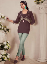 Brown Heavy Reyon Embroidered Short Western Tunic Tops